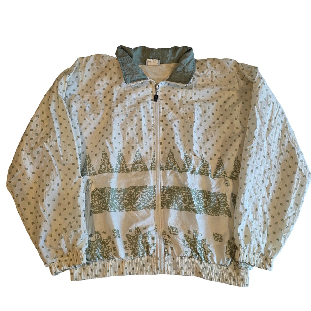 Vintage Sergio Tacchini Windbreaker Jacket 80s 90s White Green Geometric Print